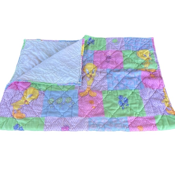 Y2K Looney Tunes Tweety Bird Patchwork Quilted Blanket Pastels 38x60 GUC - Picture 6 of 16